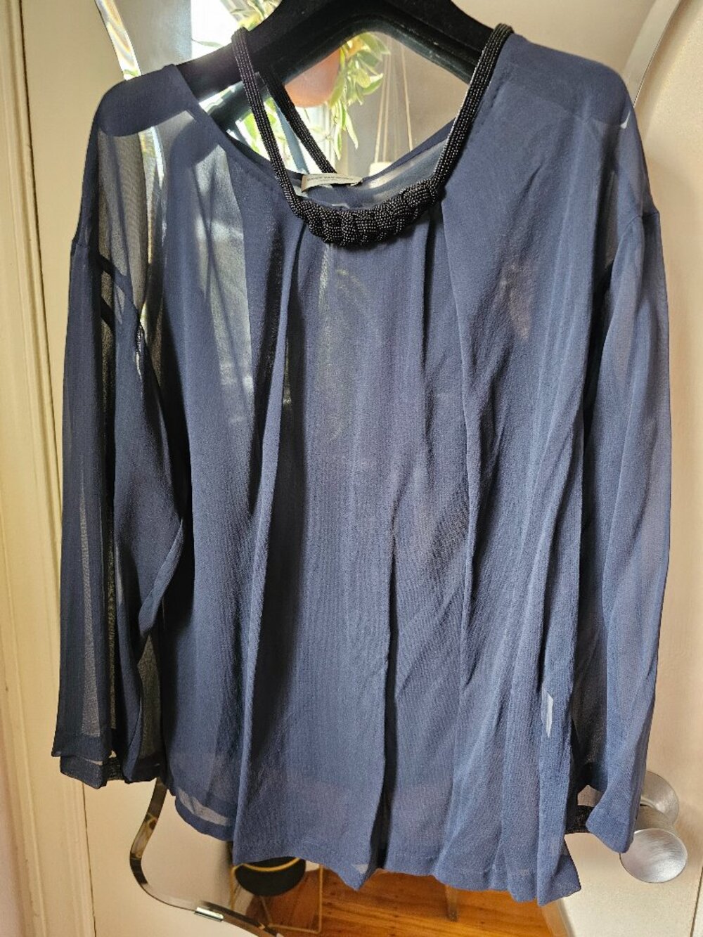 DRIES VAN NOTEN Blue or Black Silk Sheer Beaded Embellished Necklace Top 40 8